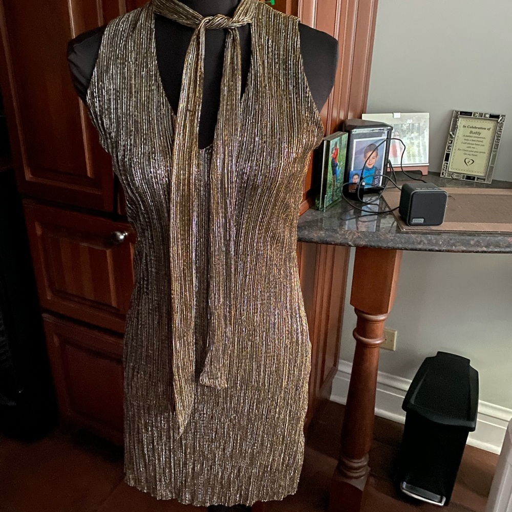 gold polyester metalic mini dress, lined, small